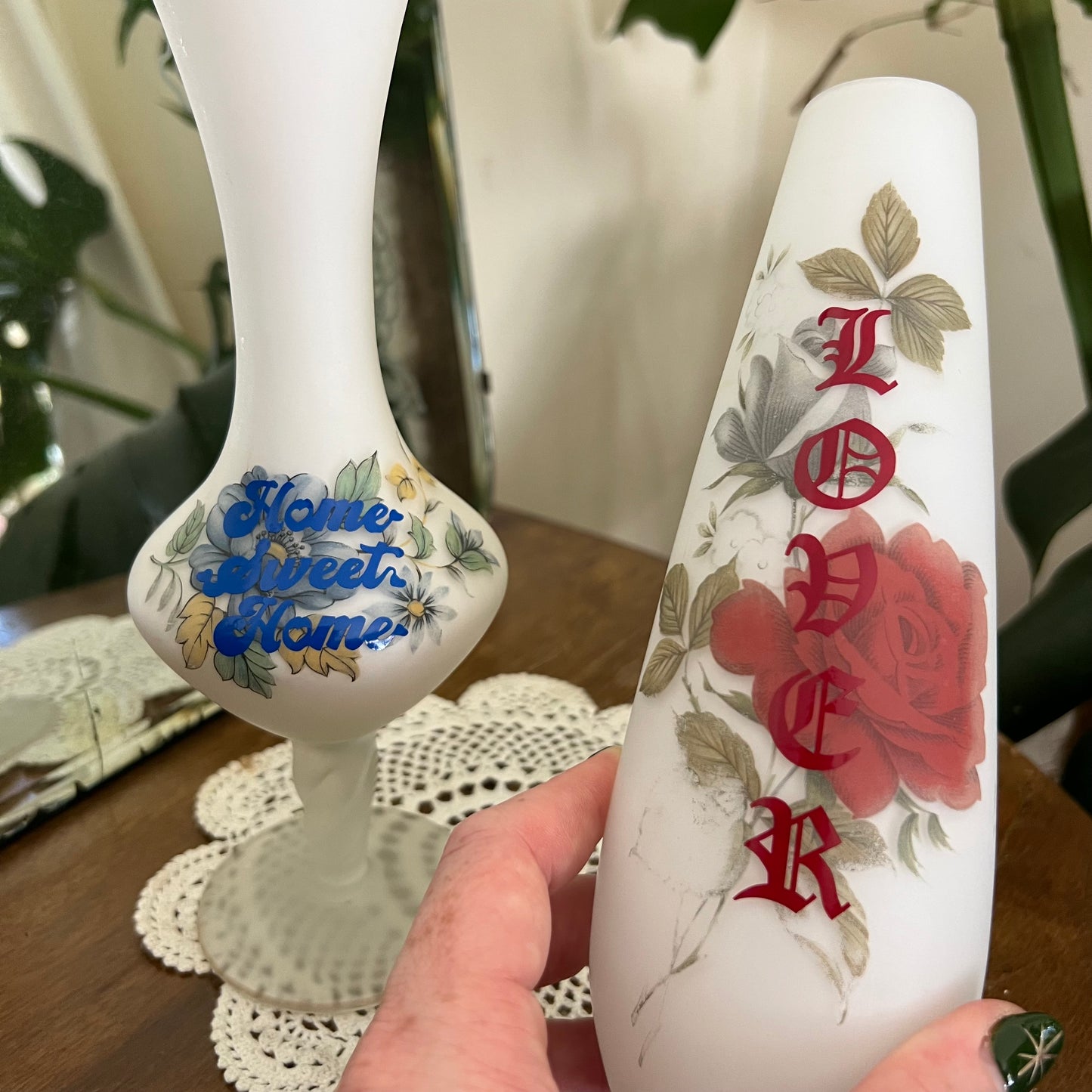 Vintage Floral Glass Vases - Lover / Home Sweet Home