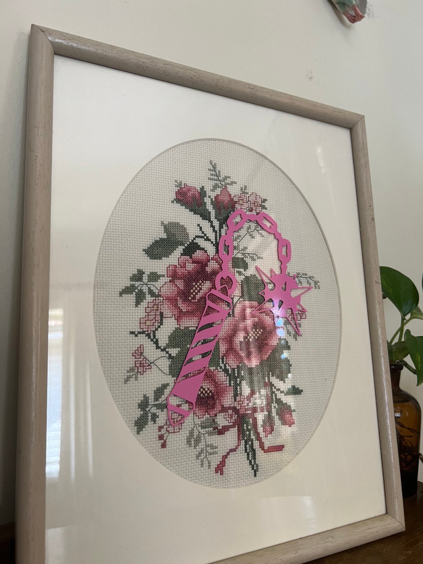 Pink Flail - Vintage Framed Cross Stitch