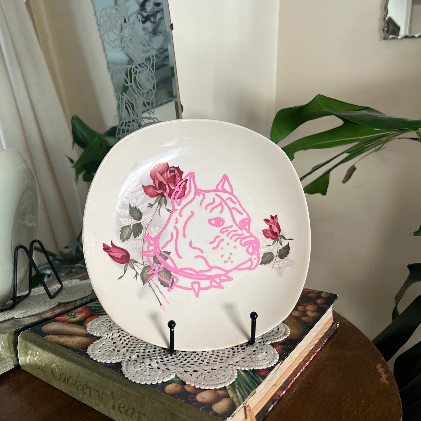 Pink Pitbull -  Vintage Floral Plate