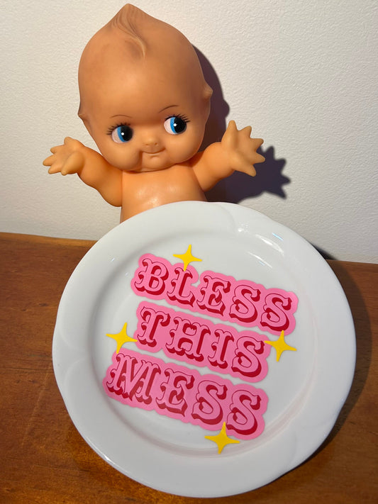 Bless This Mess - Vintage Plate - Red & Pink
