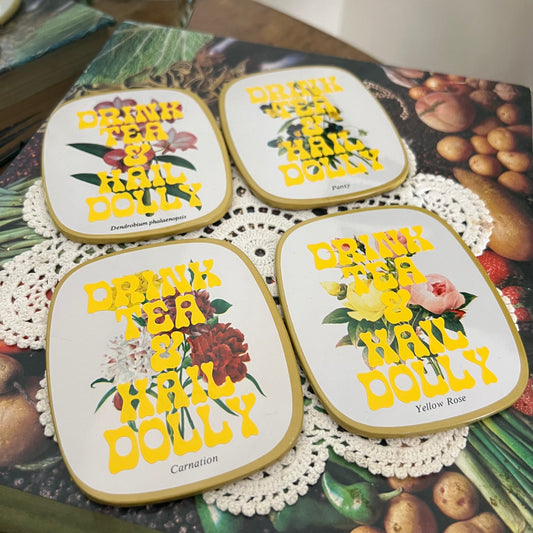 Drink tea + Hail Dolly - Floral Tin Coaster Set Of 4