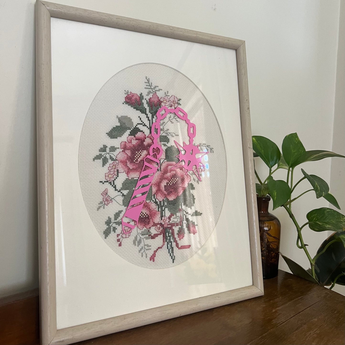 Pink Flail - Vintage Framed Cross Stitch