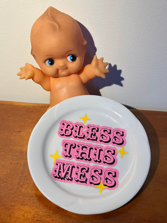 Bless This Mess- Vintage Plate - Black & Pink
