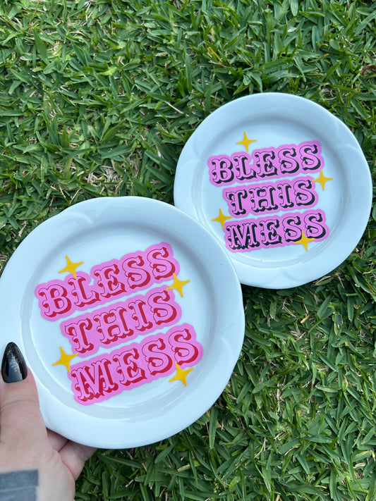 Bless This Mess - Vintage Plate - Red & Pink