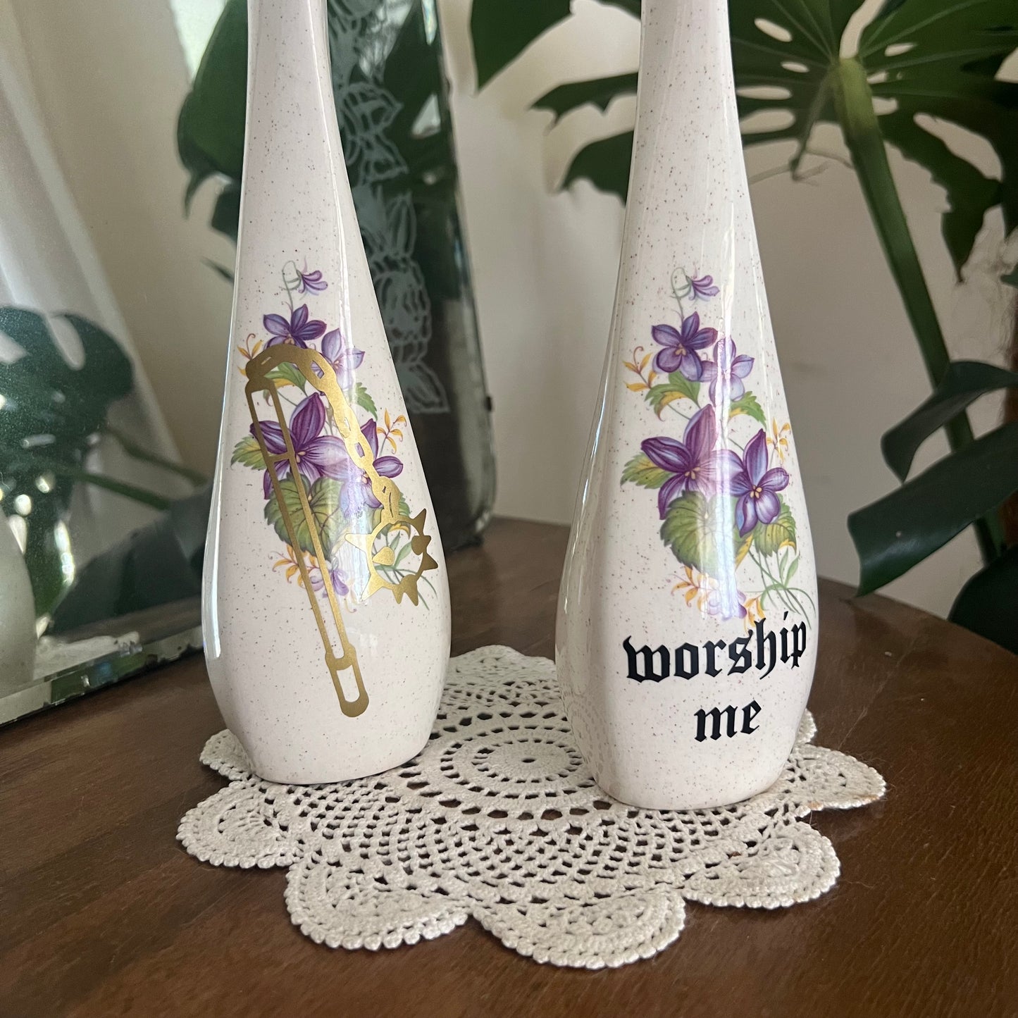 Flail / Worship Me - Vintage Floral Ceramic Long Stemmed Vases