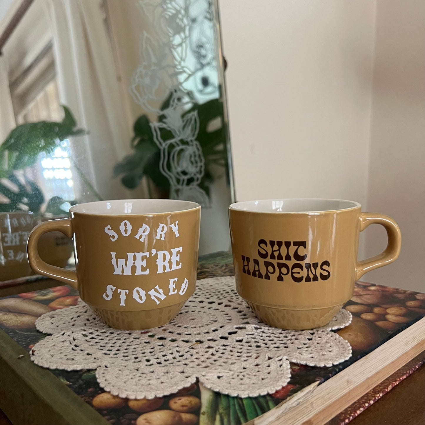 Shit Happens + Sorry We’re Stoned - Vintage Mugs