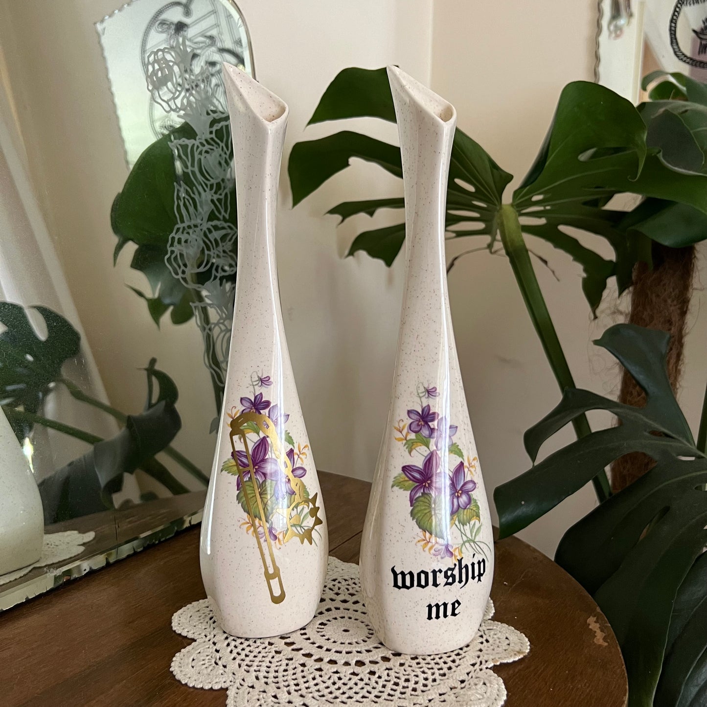 Flail / Worship Me - Vintage Floral Ceramic Long Stemmed Vases