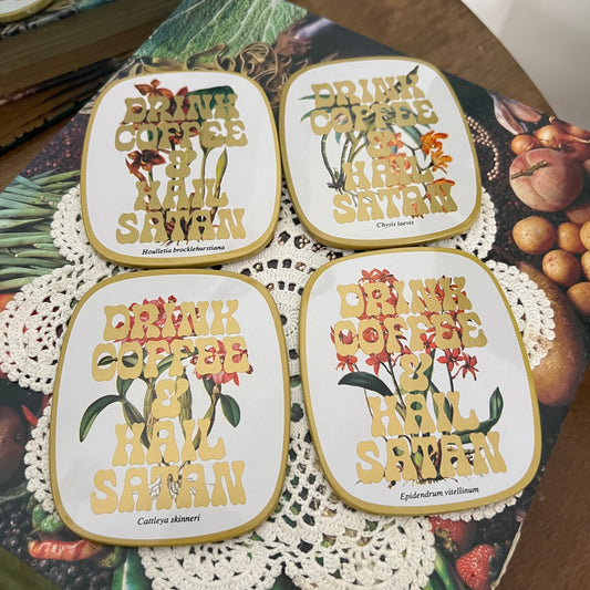 Drink Coffee + Hail Satan Floral Tin Coaster Set of 4